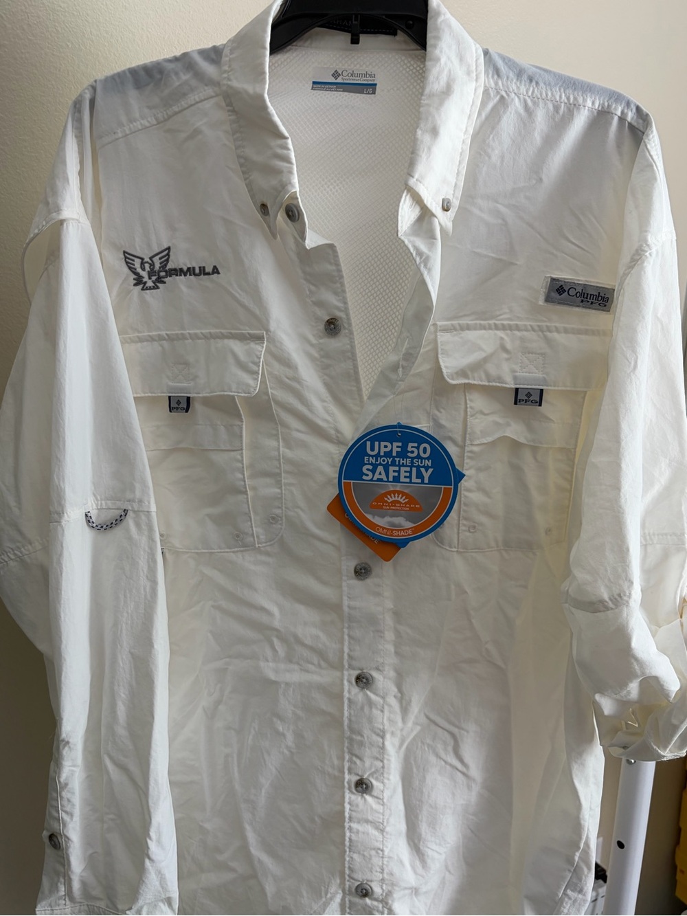 Columbia PFG Omni Shade UPF 50 White Fishing Shirt Mens Large Formula Logo NWT
